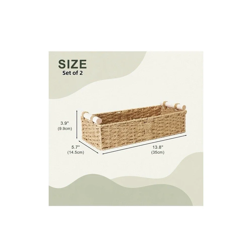 Farmhouse Toilet Paper Baskets 2 Pack Beige Woven Wood Handles Bathroom